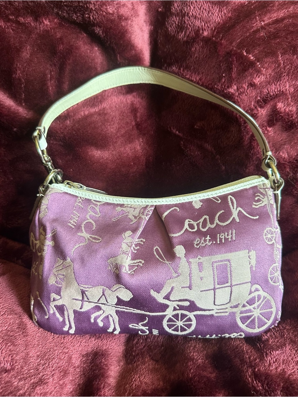 Coach Purple Canvas Horse & Carriage Shoulder Bag with Cream Strap